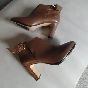 Max Mara Women's Tobacco Ornati Leather Block Heel Ankle Booties